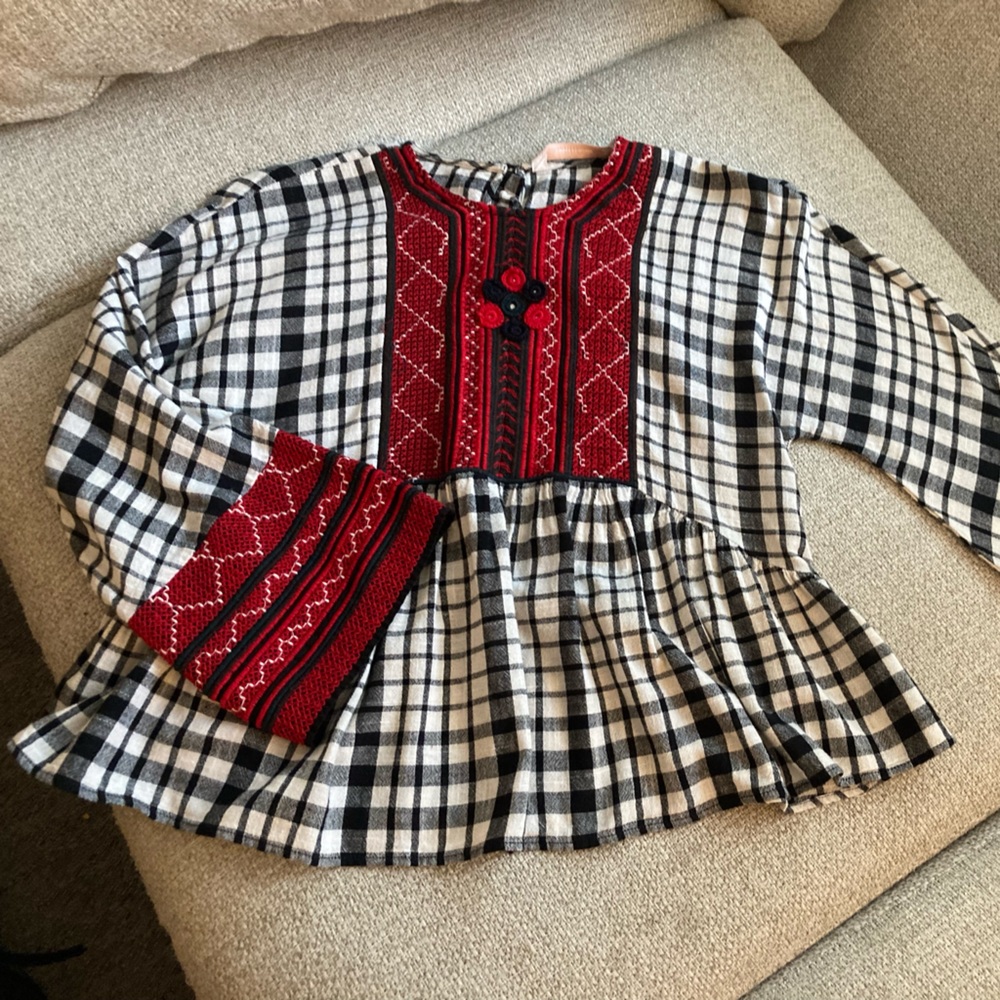 Zara Black and White Plaid Blouse with Red Embroidered Yoke